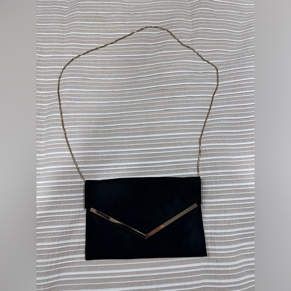 Women's Black Evening Bag Envelope Clutch Shoulder Crossbody Bag Faux Suede Gold - Picture 1 of 11